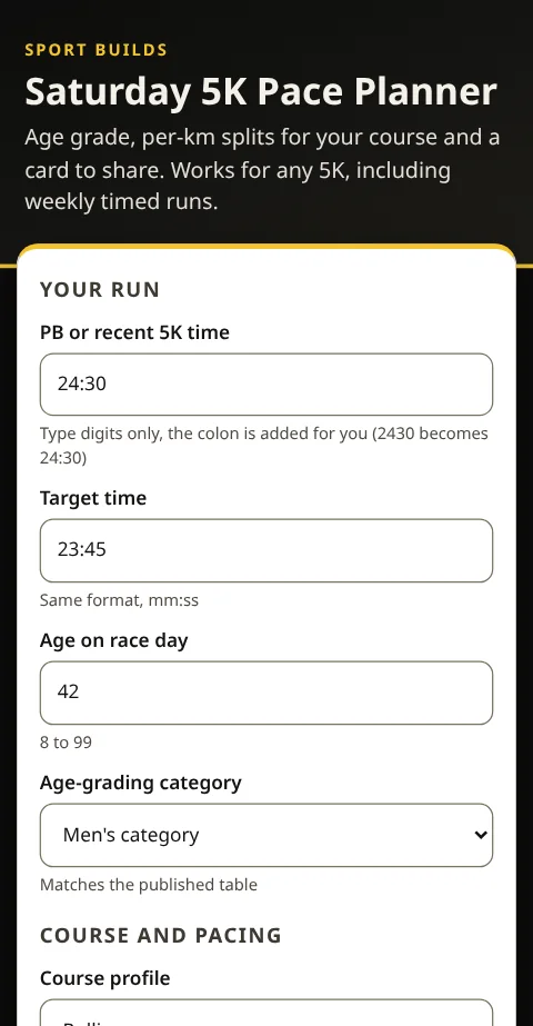 The Saturday 5K Pace Planner on a phone showing the start of its form with example values: PB time, target time, age and category.